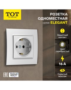 Розетка одноместная Elegant, 16 А, скрытая, с з/к, серебристая Tot