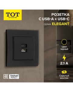 Розетка с USB-A + USB-C разъёмами, 2.1 A, 5В, Elegant, скрытая, черная Tot