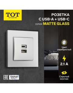 Розетка с USB-A + USB-C разъёмами, 2.1 A, 5В, Matte Glass, скрытая, стекло, серебристая  104396 Tot