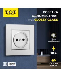 Розетка одноместная Glossy Glass, 10 А, скрытая, без з/к, стекло, серебристая Tot