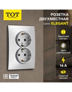 Розетка двухместная Elegant, 16 А, скрытая, с з/к, серебристая Tot