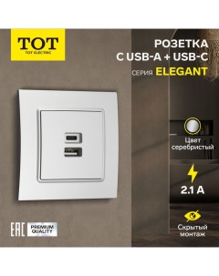 Розетка с USB-A + USB-C разъёмами, 2.1 A, 5В, Elegant, скрытая, серебристая Tot