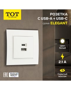 Розетка с USB-A + USB-C разъёмами, 2.1 A, 5В, Elegant, скрытая, белая Tot