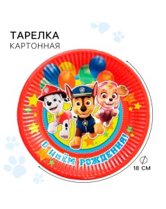 Тарелка одноразовая бумажная "С Днем Рождения!", 18 см, Щенячий патруль Paw patrol