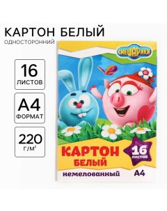 Картон белый, А4, 16 листов, немелованный, односторонний, в папке, 220, г/м? Смешарики