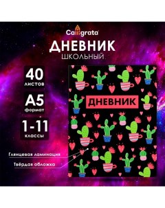 Дневник в твёрдой обложке, для 1-11 классов, глянцевая ламинация, 40 листов, "Кактусы. Паттерн" Calligrata