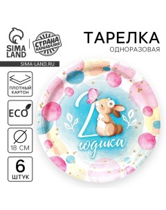 Тарелка одноразовая бумажная "2 годика" зайка, набор 6 шт, 18 см Страна карнавалия