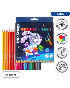 Карандаши 24 цветов Kids Space Animals, трехгранные, деревянные, европодвес Erichkrause