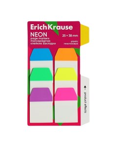 Закладки с клеевым краем пластиковые, 25х38 мм,, "Neon", 60 листов, 6 цветов Erichkrause