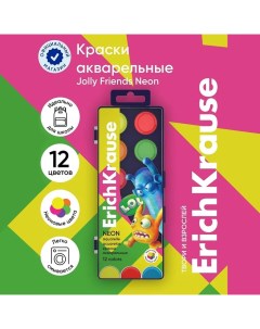 Акварель 12 цветов, Jolly Friends Neon, пластик, с европодвесом Erichkrause