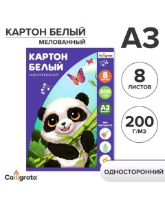 Картон белый А3, 8 листов "Панда", мелованный, плотность 200 г/м2, в папке Calligrata