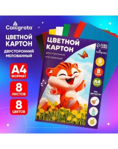 Картон цветной двусторонний А4, 8 листов, 8 цветов, Тигруля, мелованный 240 г/м2, в папке Calligrata