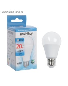 Лампа cветодиодная, E27, A65, 20 Вт, 6000 К, холодный белый свет Smartbuy