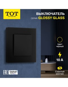 Выключатель Glossy Glass, 10 А, 1 клавиша, скрытый, стекло, черный Tot