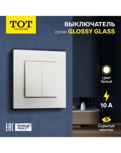 Выключатель Glossy Glass, 10 А, 2 клавиши, скрытый, стекло, белый Tot