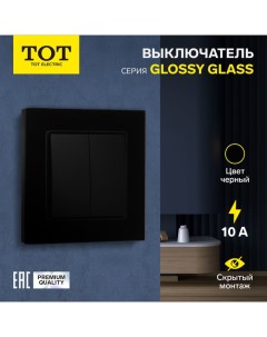 Выключатель Glossy Glass, 10 А, 2 клавиши, скрытый, стекло, черный Tot