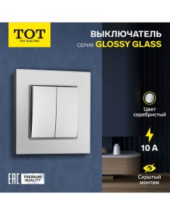 Выключатель проходной Glossy Glass, 10 А, 2 клавиши, скрытый, стекло, серебристый Tot