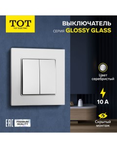 Выключатель Glossy Glass, 10 А, 2 клавиши, скрытый, стекло, серебристый Tot