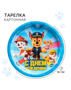 Тарелка бумажная "С Днем Рождения!", 18 см, Щенячий патруль Paw patrol