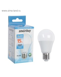 Лампа светодиодная, Е27, А60, 15 Вт, 6000 К, холодный белый свет Smartbuy