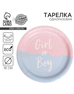 Тарелка одноразовая бумажная Girl or Boy, 18 см Страна карнавалия