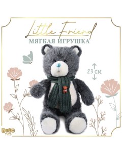 Мягкая игрушка на новый год Little Friend, мишка с зелёным шарфом, цвет темно-серый, 23 см Milo toys