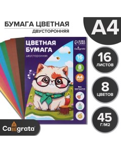 Бумага цветная А4, 16 листов, 8 цветов, газетная, двусторонняя, в папке Calligrata