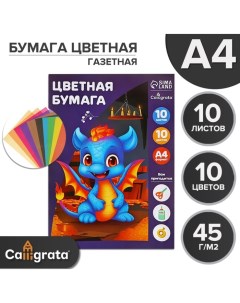 Бумага цветная А4, 10 листов, 10 цветов, газетная, в папке Calligrata