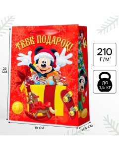 Пакет подарочный новогодний, 23х18х11.5 см, упаковка, Микки Маус Disney