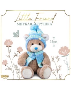 Мягкая игрушка на новый год Little Friend, мишка в шапке и шарфе, цвет голубой, 23 см Milo toys