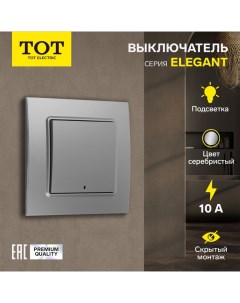 Выключатель Elegant, 10 А, 1 кл., с подсветкой, скрытый, серебристый Tot