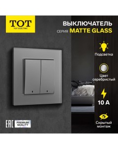 Выключатель Matte Glass, 10 А, 2 кл., с подсветкой, скрытый, стекло, серебристый Tot