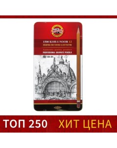 Набор карандашей чернографитных разной твердости 12 штук 1502/II, 8B-2H, в металлическом пенале Koh-i-noor