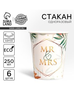 Стакан одноразовый бумажный MR&MRS, набор 6 шт, 250 мл Страна карнавалия