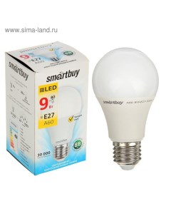 Лампа cветодиодная, E27, A60, 9 Вт, 3000 К, теплый белый свет Smartbuy