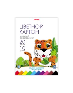 Картон цветной А4, 10 цветов, 20 листов,, мелованный односторонний глянцевый, 170 г/м2, на склейке,  Erichkrause