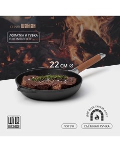 Сковорода чугунная, d=22 см, лопатка и губка в комплекте Wild kitchen