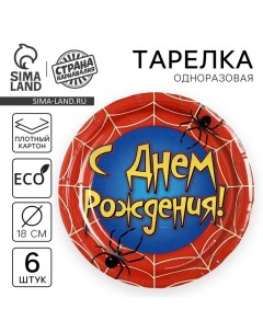 Тарелка одноразовая бумажная "С днем рождения" паутина (набор 6 шт.), 18 см Страна карнавалия