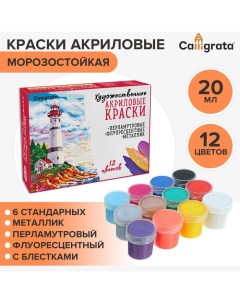 Краска акриловая, набор 12 цветов х 20 мл, Mix : 6 стандарных ; металлик, перламутровый, флуоресцентный, с блестками, морозостойкий Calligrata