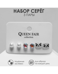 Пусеты 3 пары «Летние истории» панда, цвет чёрно-белый в серебре Queen fair