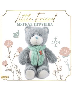 Мягкая игрушка на новый год Little Friend, мишка с зелёным шарфом, цвет светло-серый, 23 см Milo toys