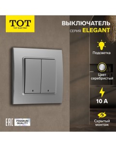 Выключатель Elegant, 10 А, 2 кл., с подсветкой, скрытый, серебристый Tot