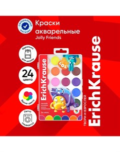 Акварель 24 цвета "Jolly Friends", матовые насыщенные цвета, пластиковая коробка с европодвесом Erichkrause