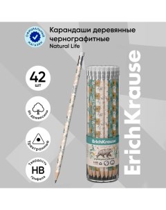 Карандаш чернографитный с ластиком "Natural Life", HB, грифель d=2.2 мм, дерево, трeхгранный с принт Erichkrause