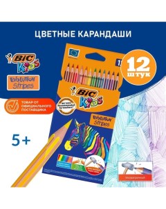 Карандаши цветные 12 цветов, "Kids Evolution Stripes", пластиковые, детские Bic