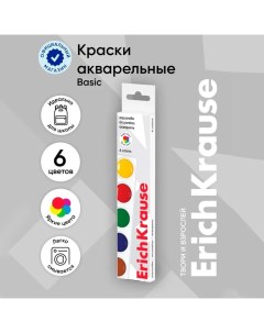 Акварель 6 цветов,, без кисти, картон, европодвес (облегченная упаковка) Erichkrause