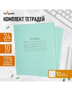 Комплект тетрадей из 10 штук, 24 листа в клетку КПК "Зелёная обложка", блок №2, белизна 75% (серые л Calligrata