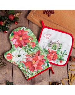 Набор кухонный Christmas red flowers варежка-прихватка 20х28см, прихватка 19х19см, 100% хлопок Этель