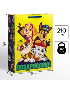 Пакет подарочный «Поздравляю»,31х40х11.5 см, упаковка, Щенячий патруль Paw patrol